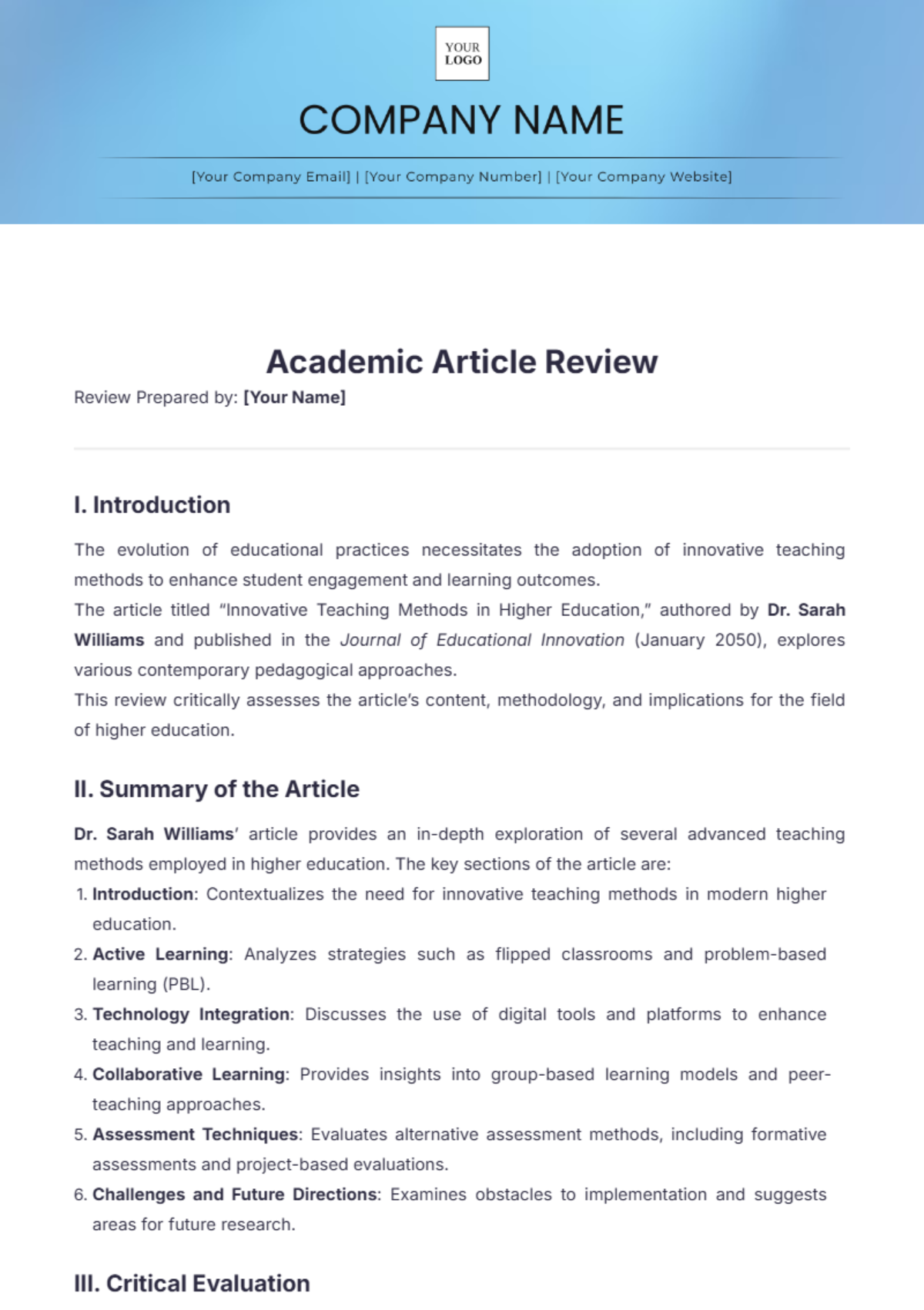 Academic Article Review Template - Edit Online & Download