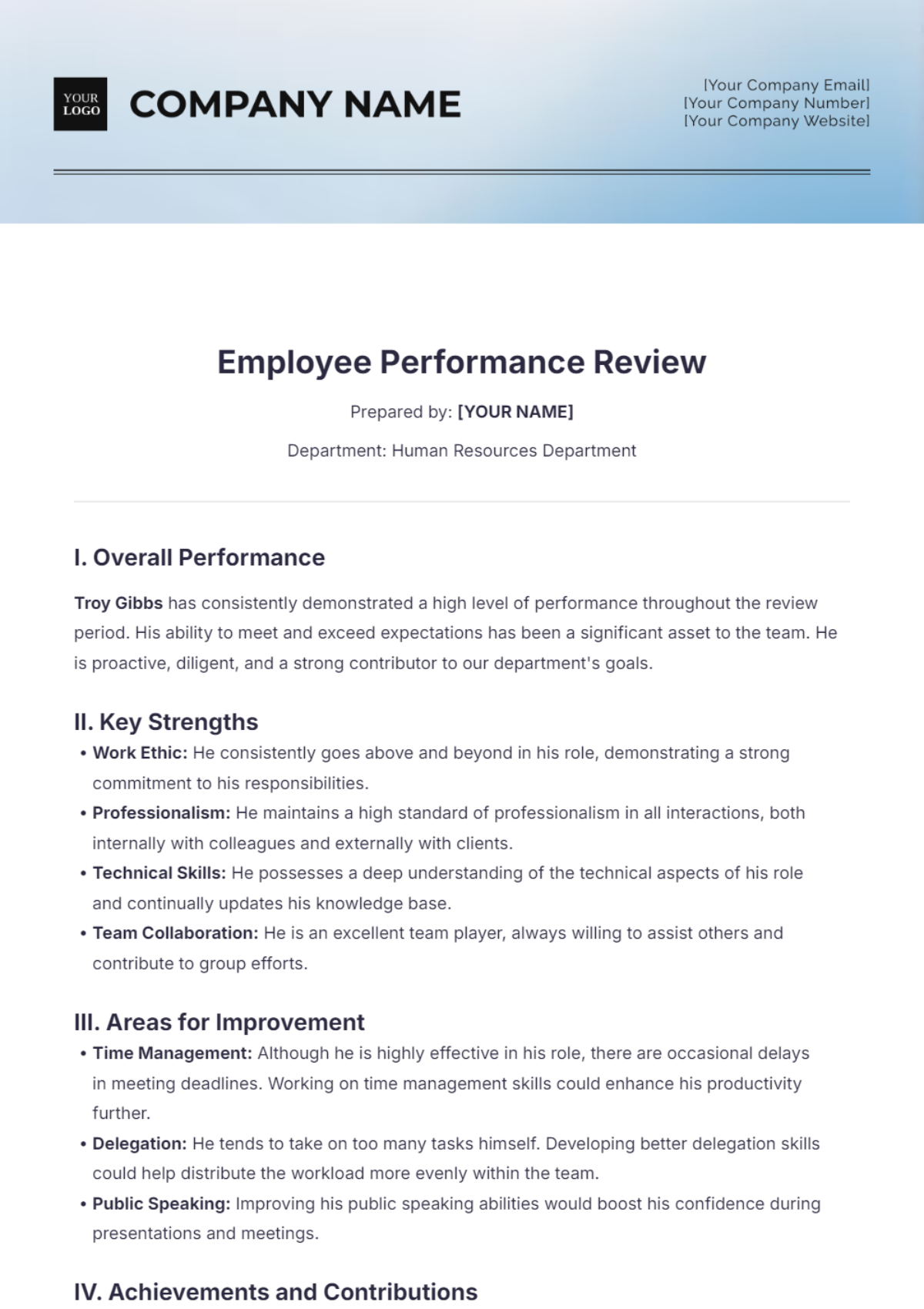 Employee Performance Review Template - Edit Online & Download