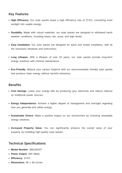 Free Solar Panel Product Description Template to Edit Online