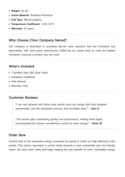 Free Solar Panel Product Description Template to Edit Online