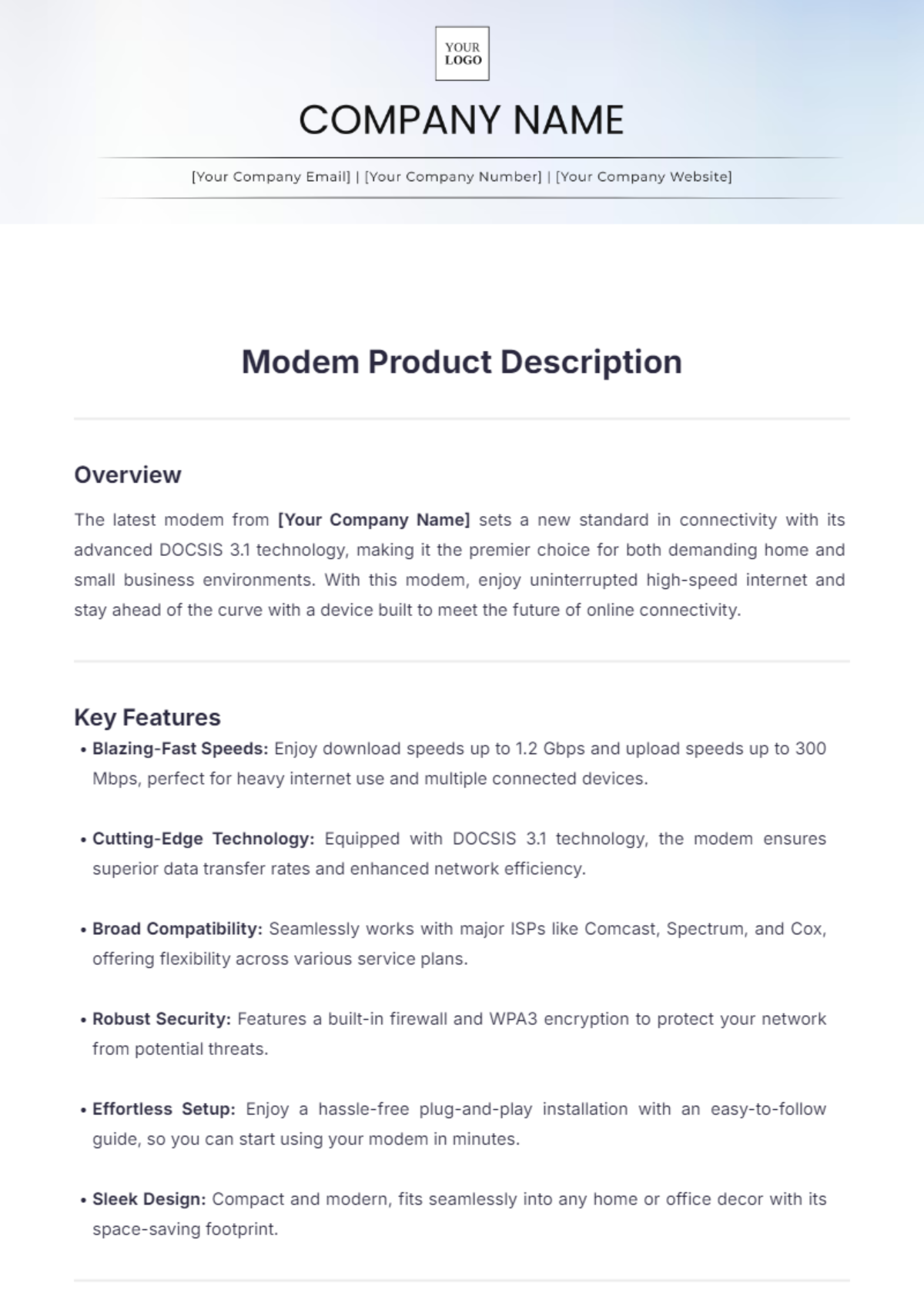 Modem Product Description Template - Edit Online & Download