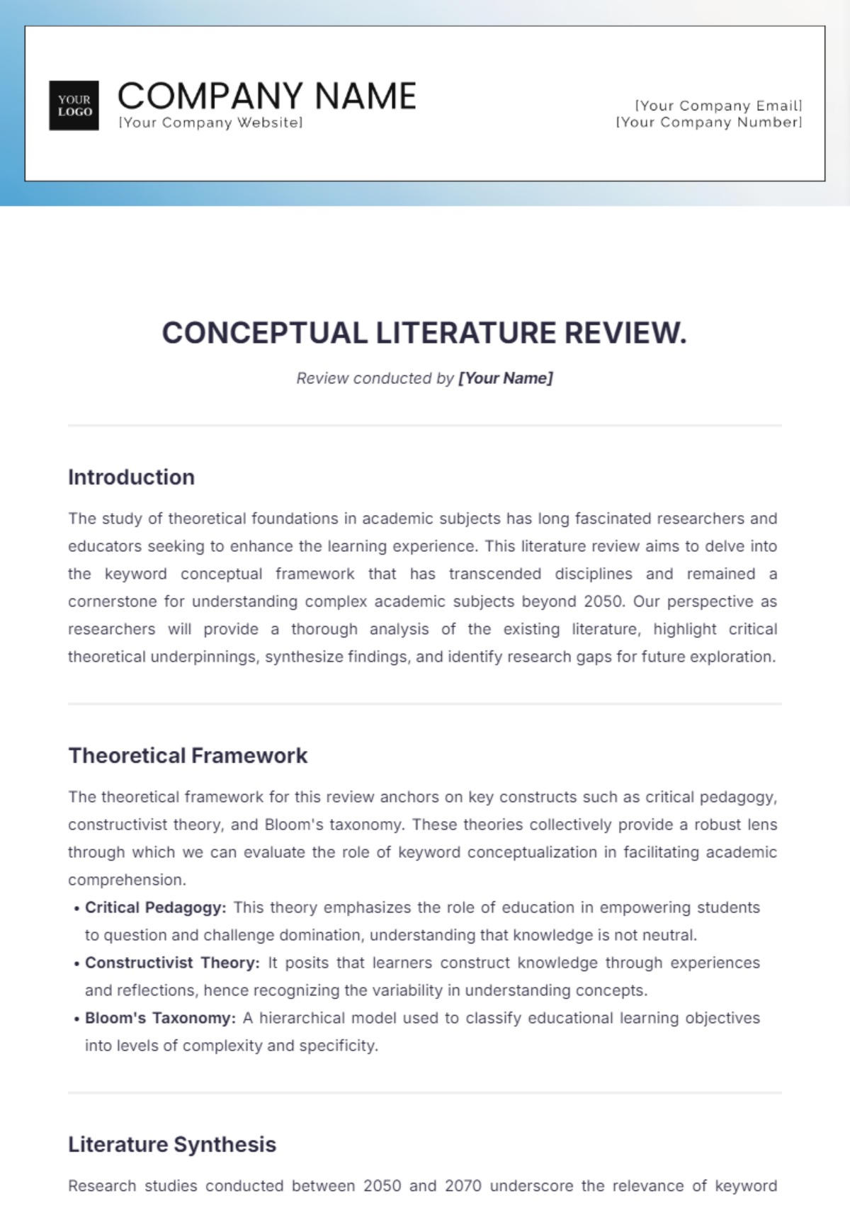 Conceptual Literature Review Template - Edit Online & Download