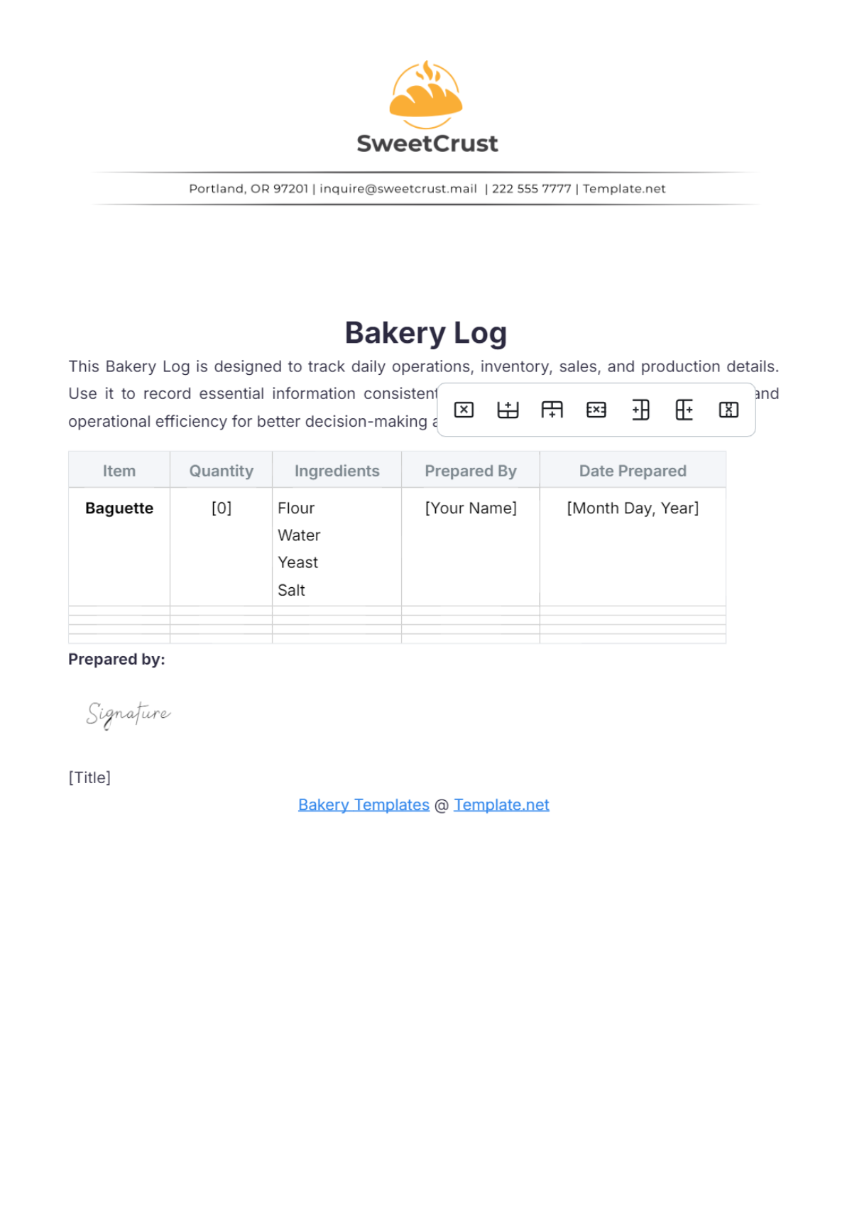 Bakery Log Template