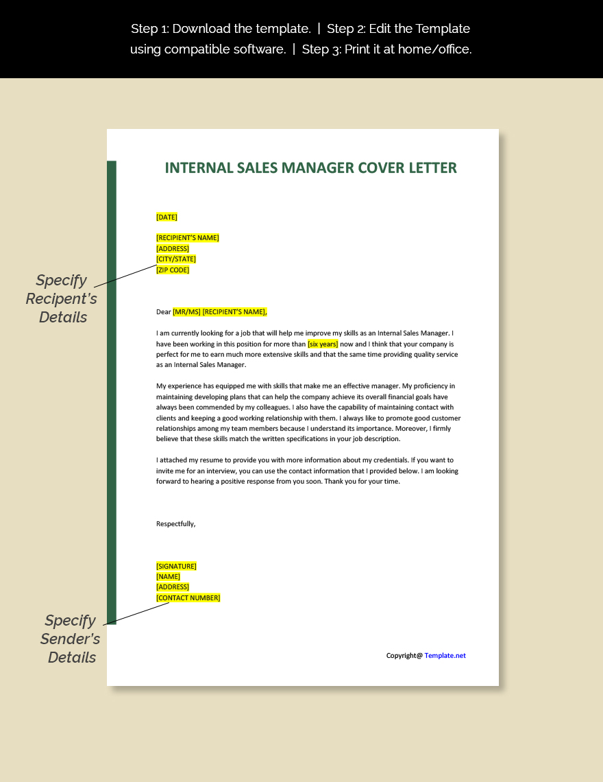 Internal Sales Manager Cover Letter Template
