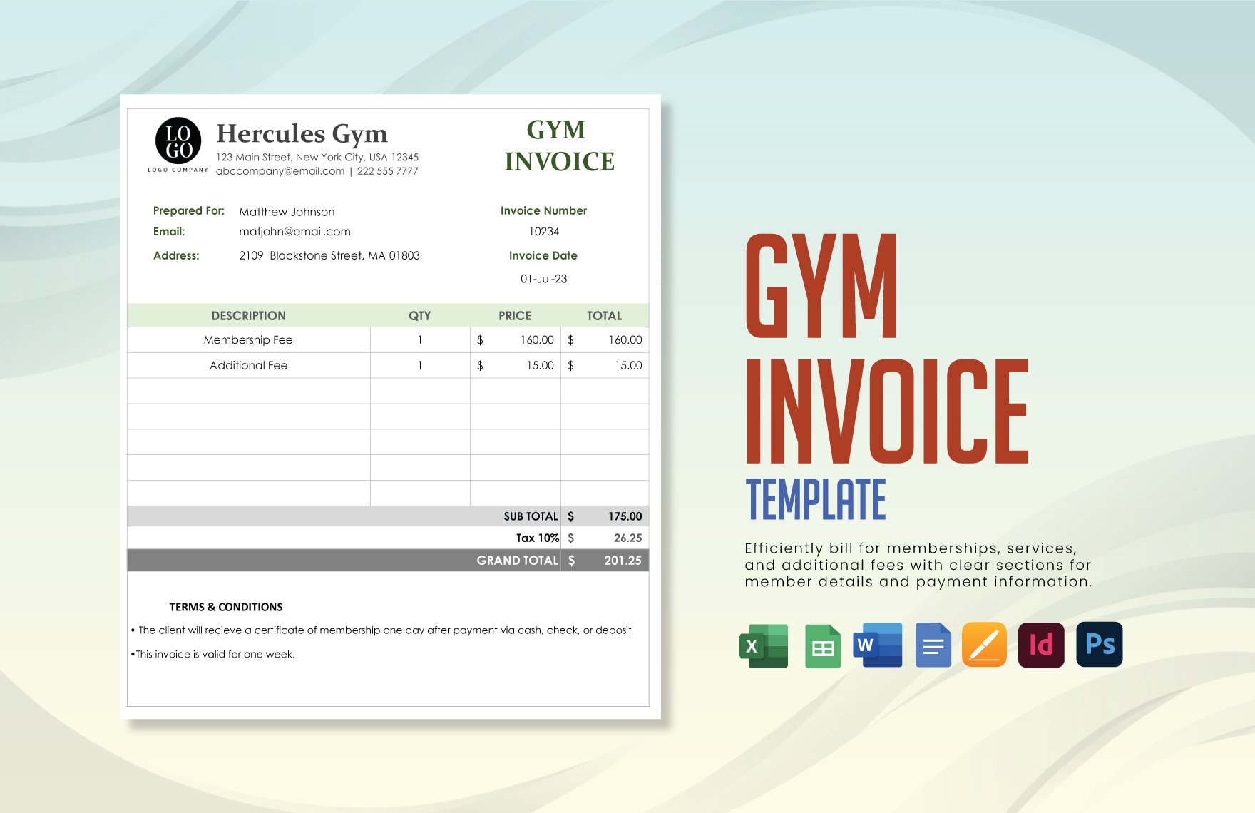 Gym Invoice Template in Word, Google Docs, Excel, Google Sheets, PSD, Apple Pages, InDesign