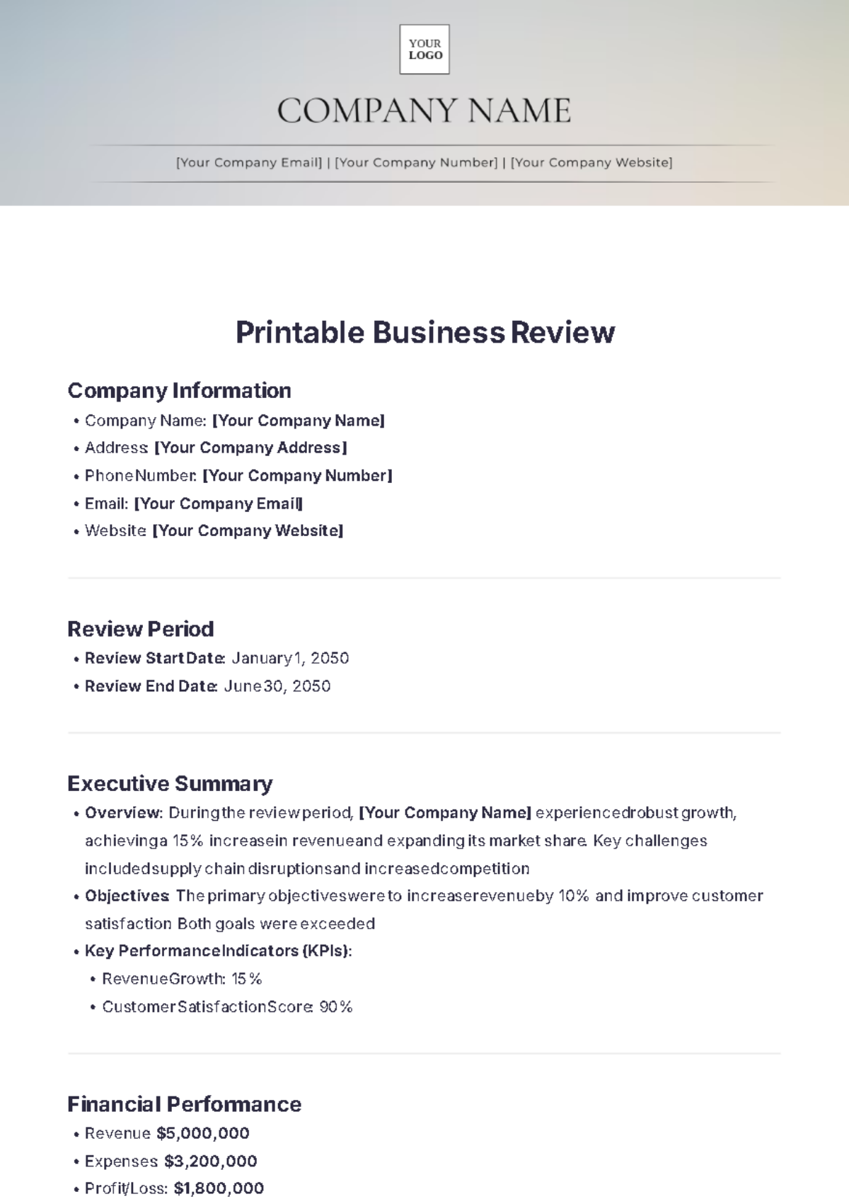 Printable Business Review Template