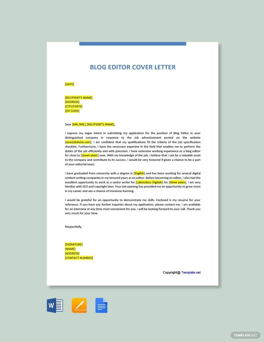 Blog Editor Cover Letter in Word, Google Docs, PDF, Apple Pages