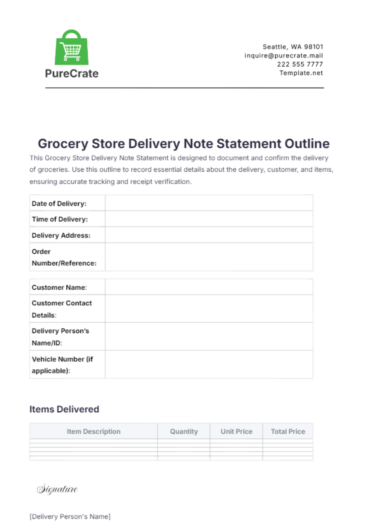 Grocery Store Delivery Note Statement Outline Template - Edit Online & Download