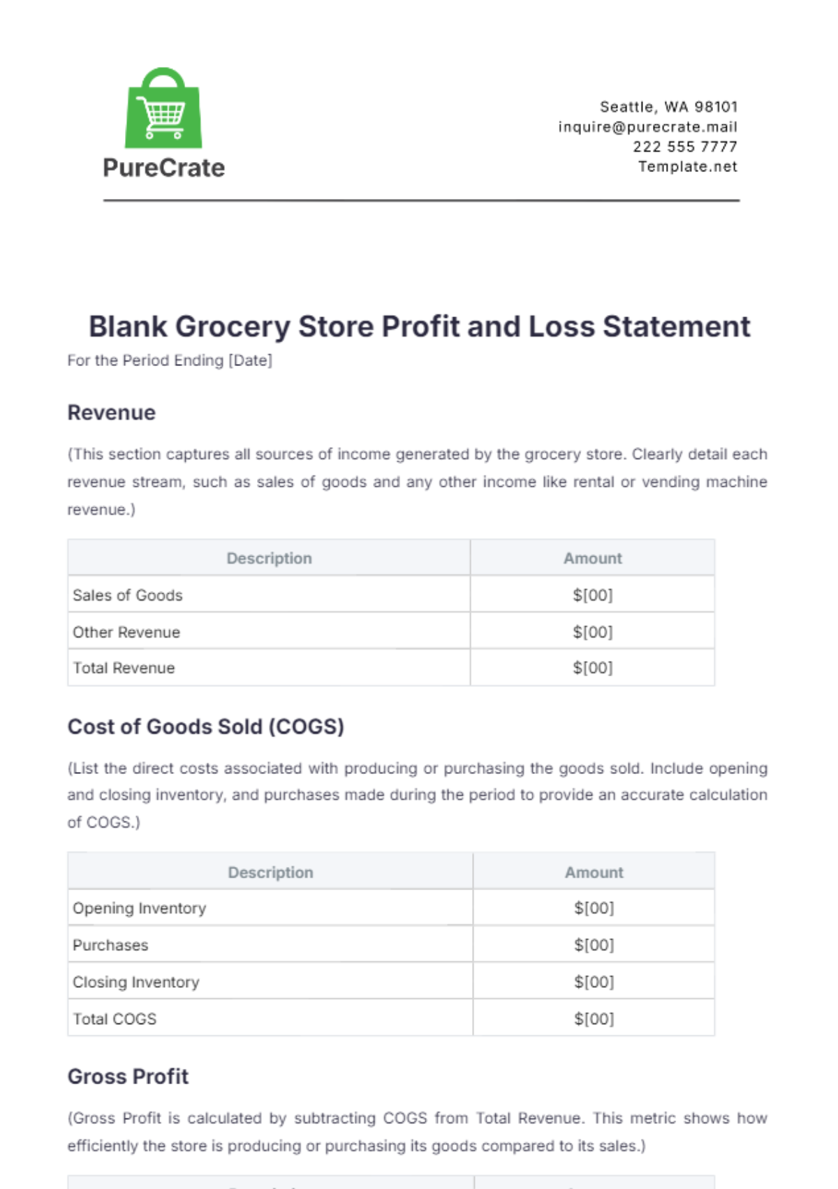 Blank Grocery Store Profit and Loss Statement Template - Edit Online & Download