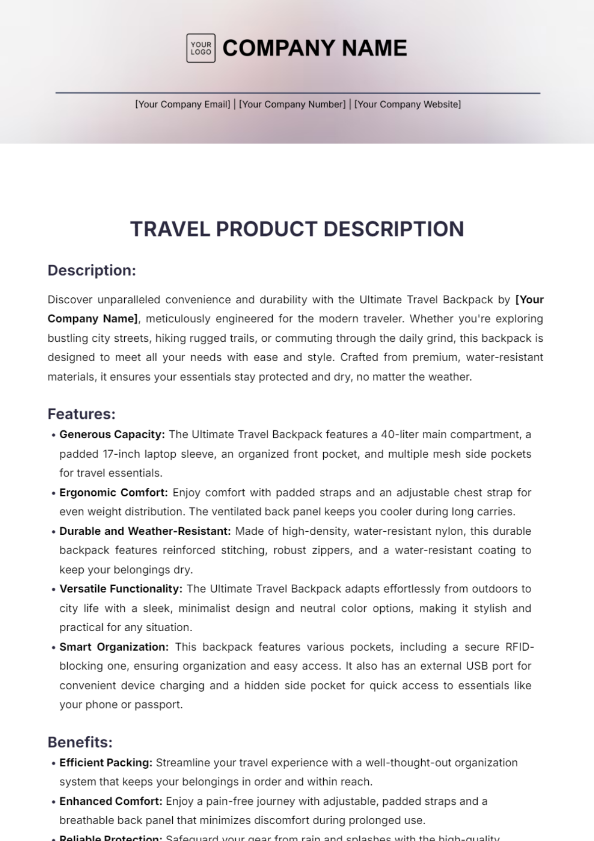 Travel Product Description Template - Edit Online & Download