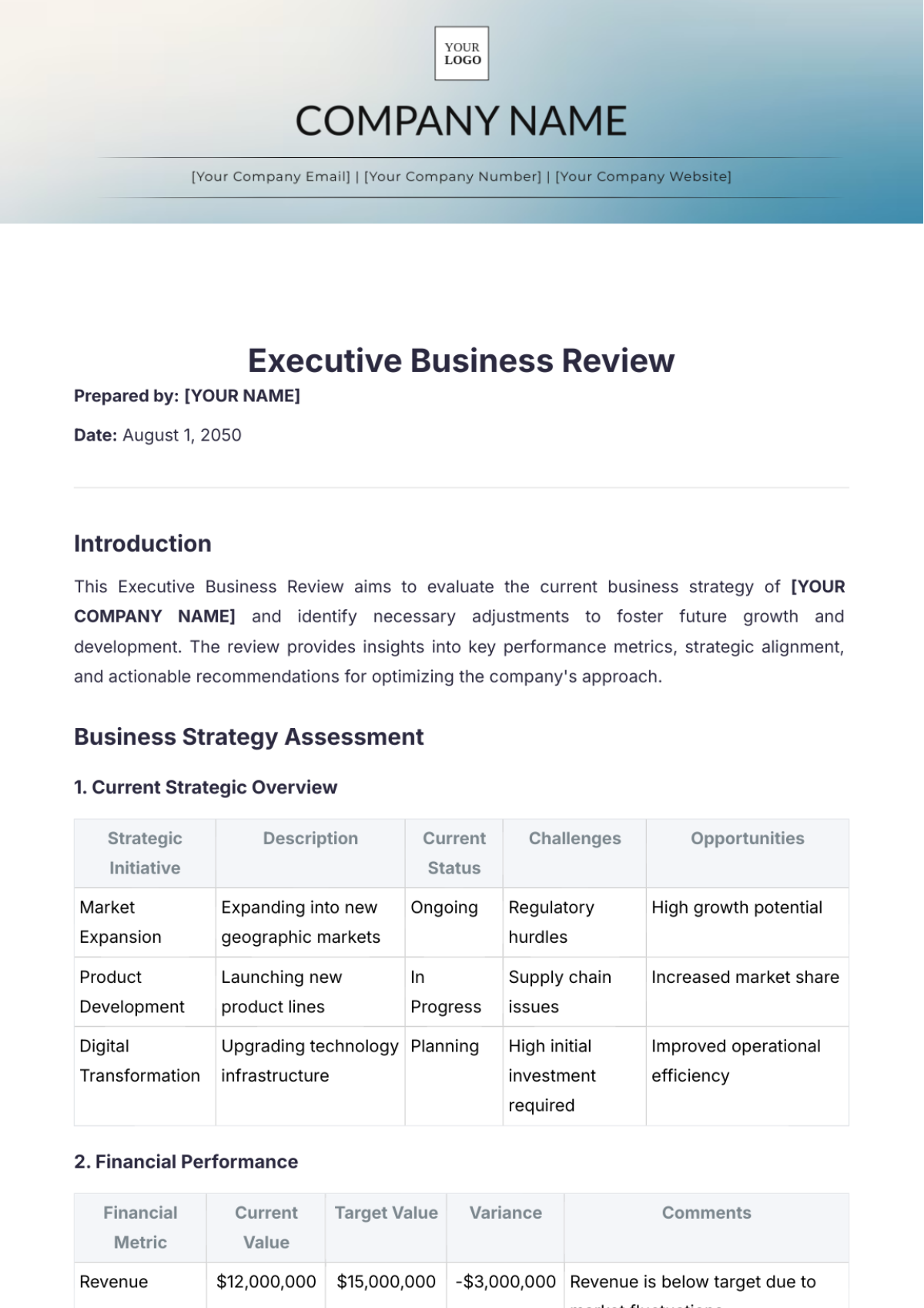 Executive Business Review Template - Edit Online & Download