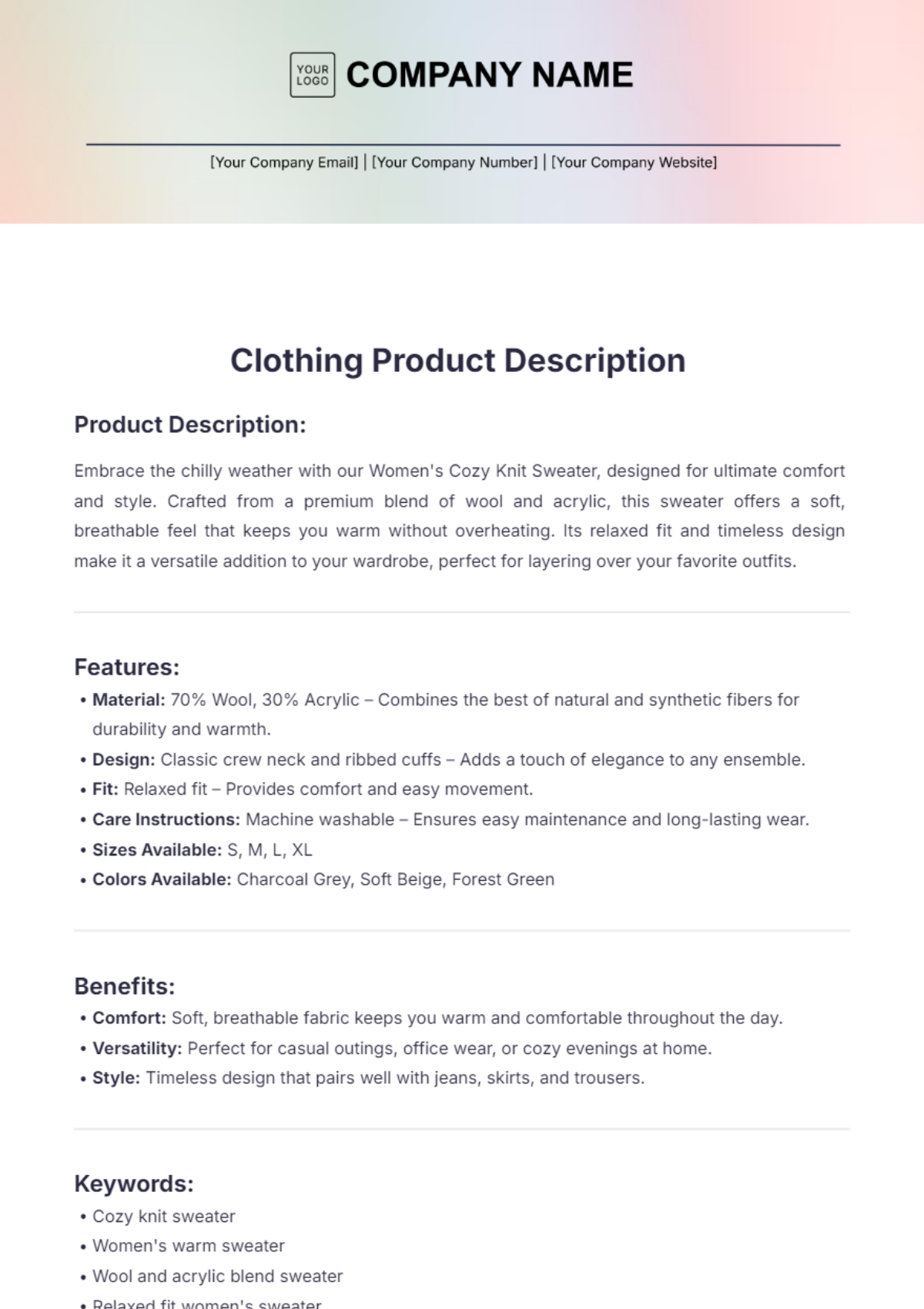 Clothing Product Description Template - Edit Online & Download