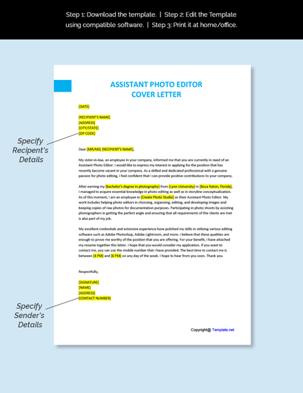 Assistant Photo Editor Cover Letter Template [Free PDF] - Word (DOC
