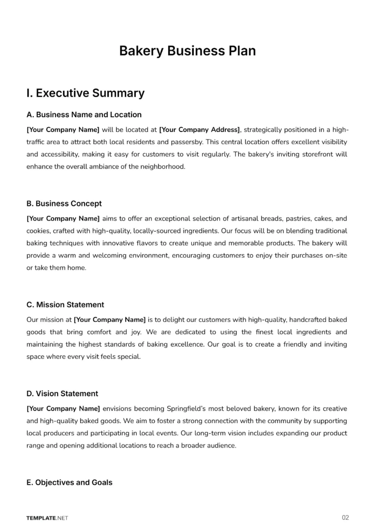 Free Bakery Business Plan Template to Edit Online