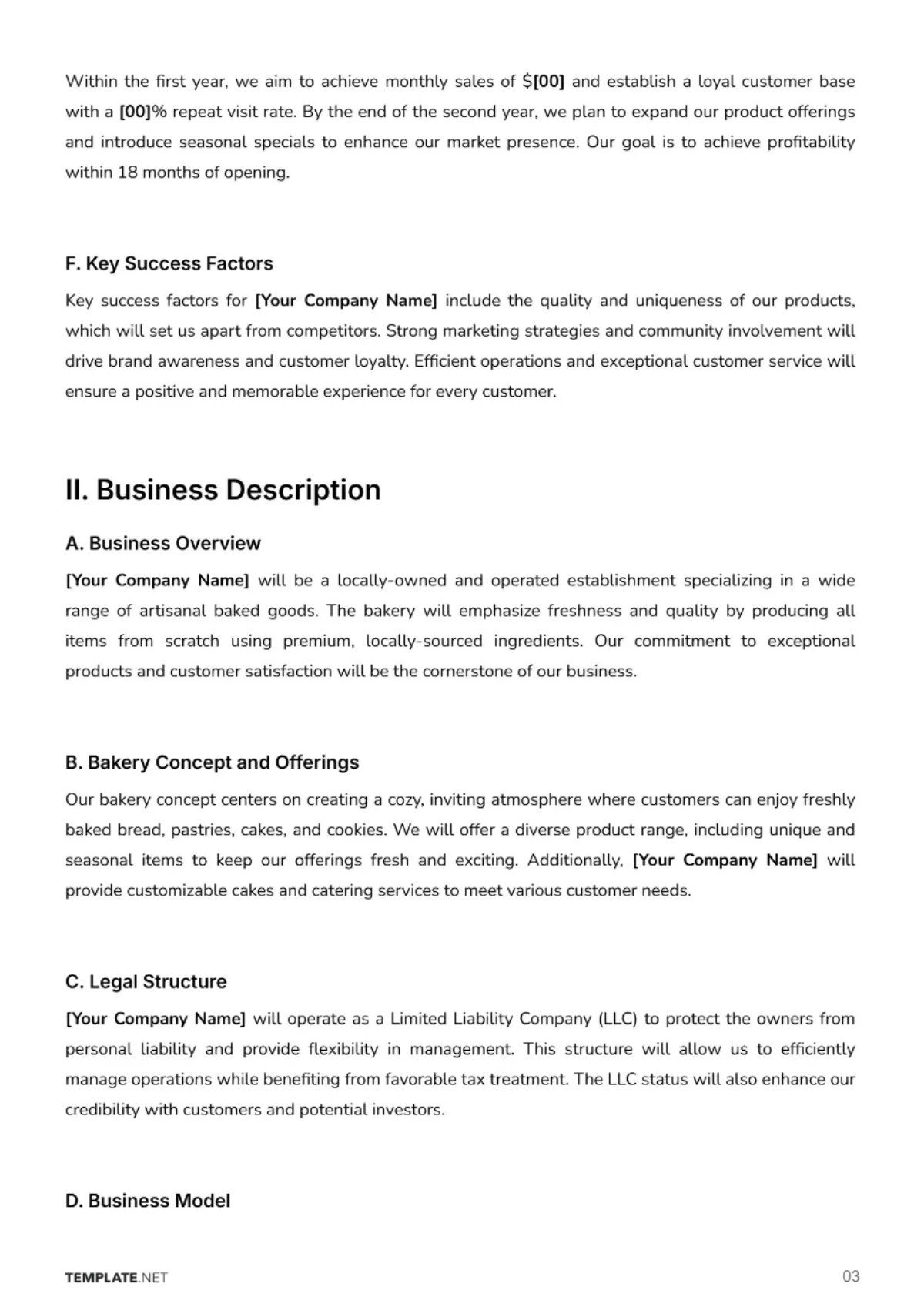Free Bakery Business Plan Template to Edit Online
