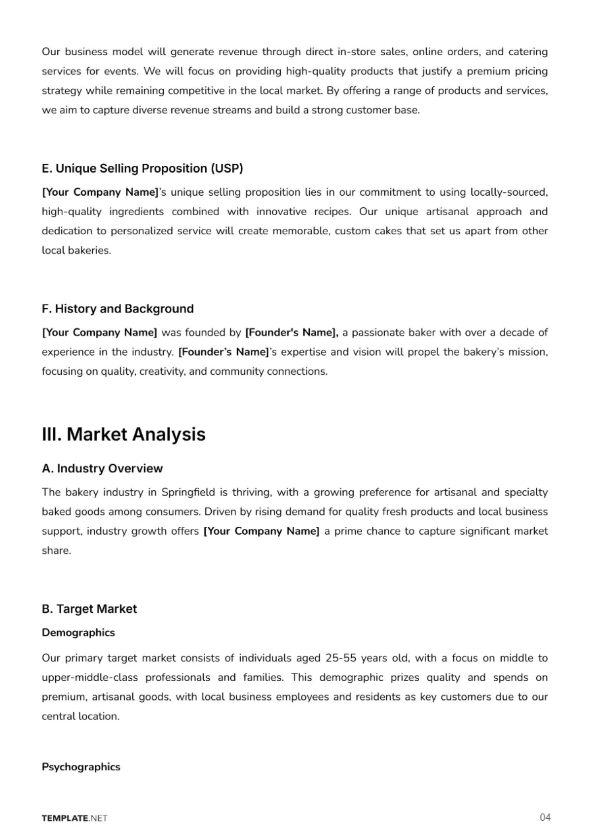 Free Bakery Business Plan Template to Edit Online