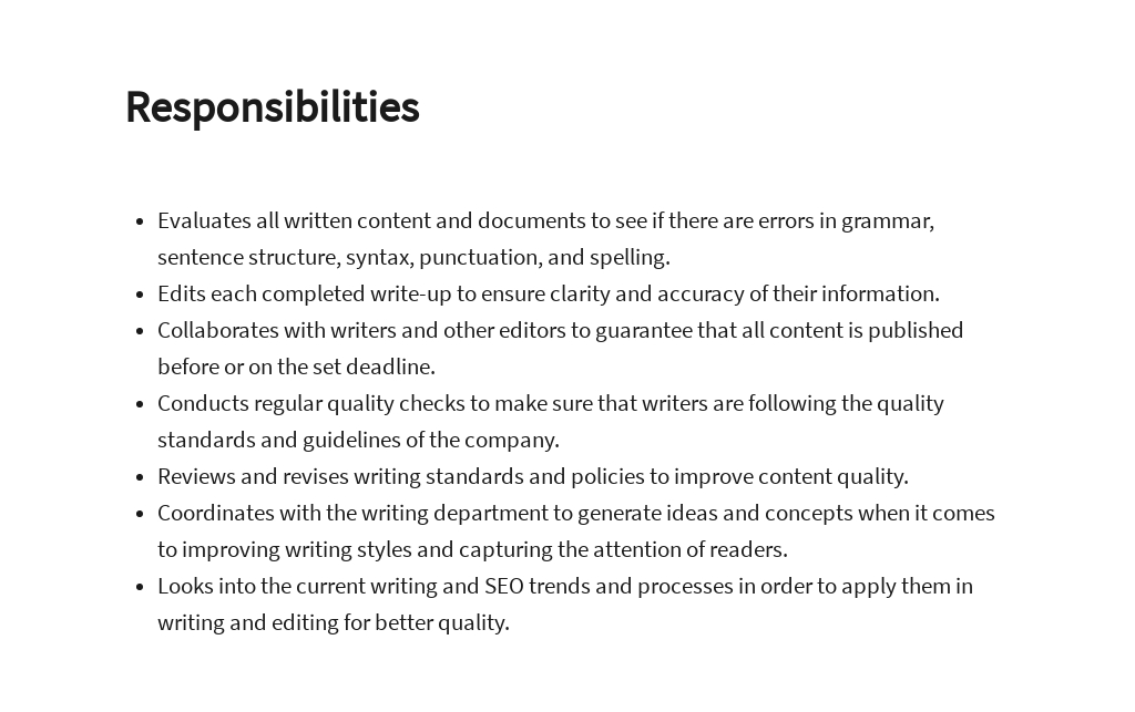 Copy Editor Job Description Template Google Docs Word Template