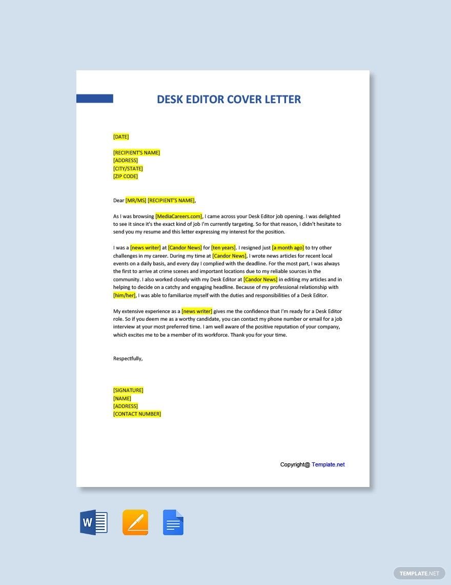 Desk Editor Cover Letter in Word, Google Docs, PDF, Apple Pages