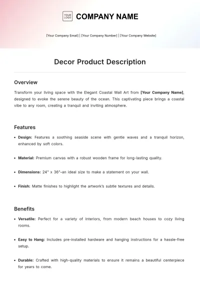 Free Decor Product Description Template to Edit Online