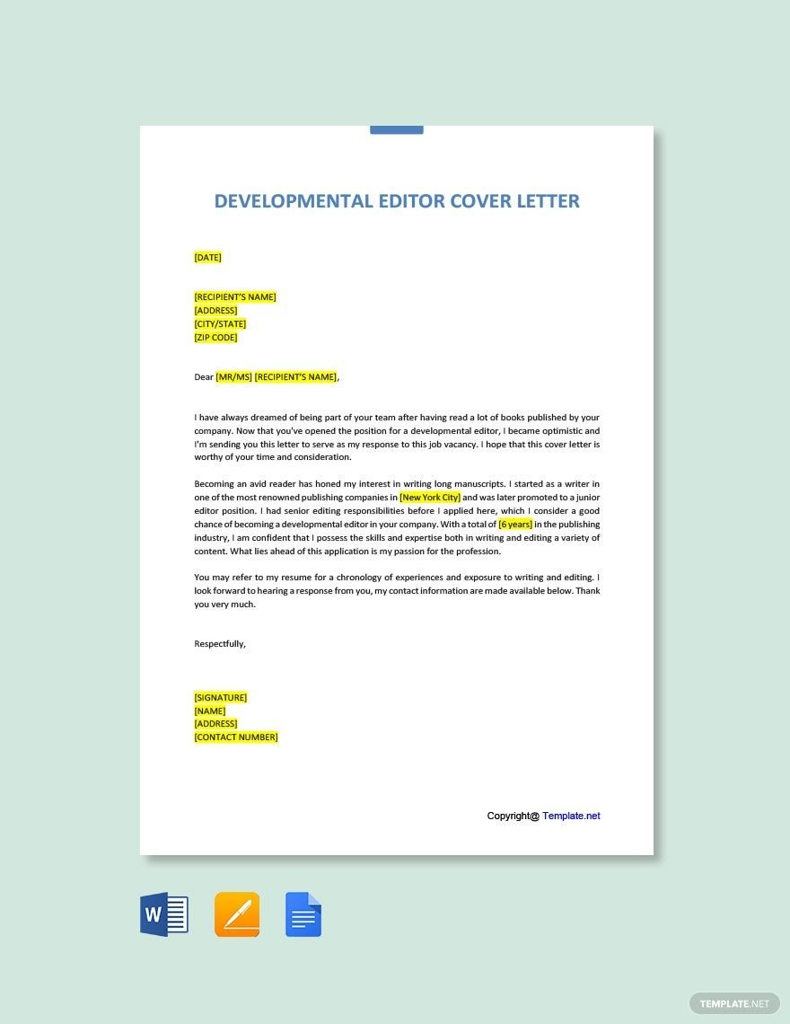 Developmental Editor Cover Letter in Word, Google Docs, PDF, Apple Pages