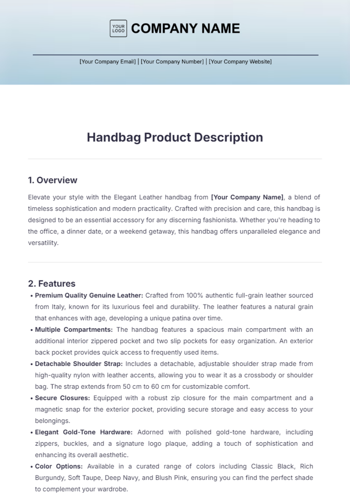 Handbag Product Description Template - Edit Online & Download