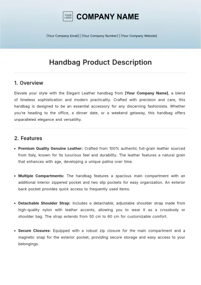 Free Handbag Product Description Template to Edit Online