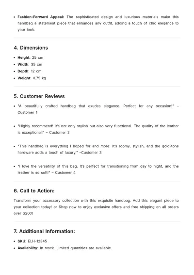 Free Handbag Product Description Template to Edit Online