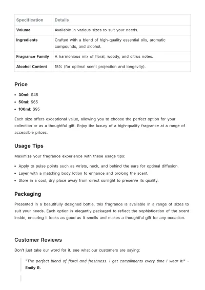 Free Fragrance Product Description Template to Edit Online