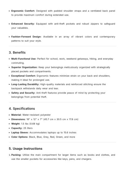 Free Backpack Product Description Template to Edit Online
