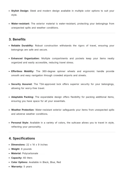 Free Suitcase Product Description Template to Edit Online
