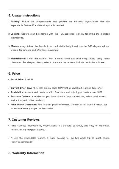 Free Suitcase Product Description Template to Edit Online