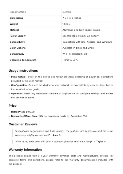 Free Hardware Product Description Template to Edit Online