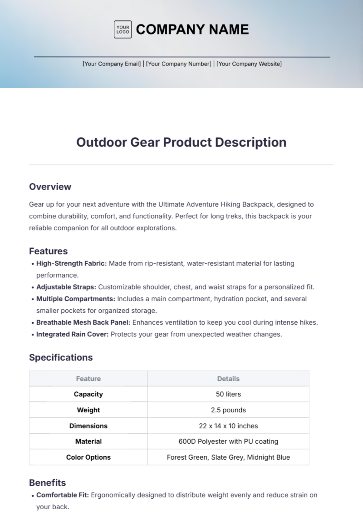 Outdoor Gear Product Description Template - Edit Online & Download