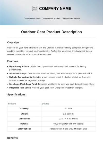 Free Outdoor Gear Product Description Template to Edit Online