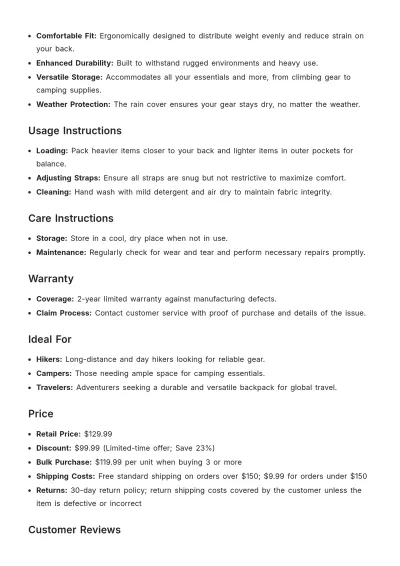 Free Outdoor Gear Product Description Template to Edit Online