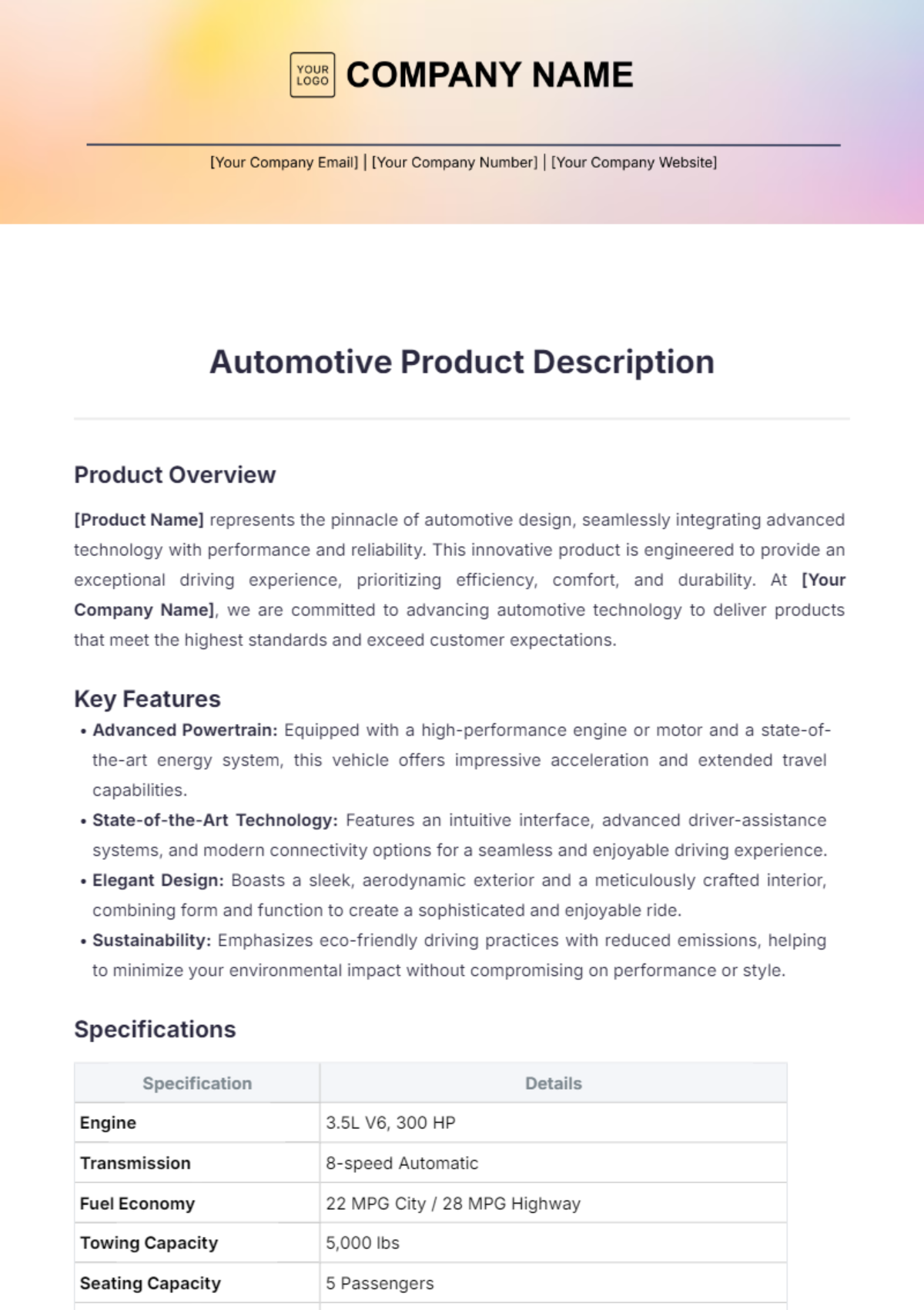 Automotive Product Description Template - Edit Online & Download