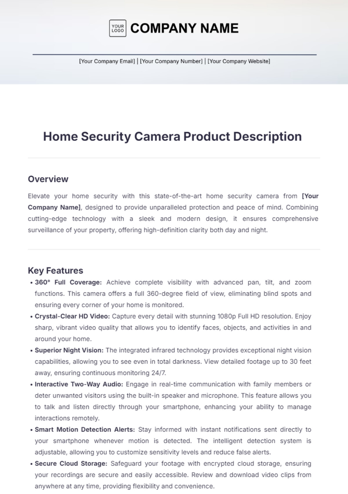 Home Security Camera Product Description Template - Edit Online & Download