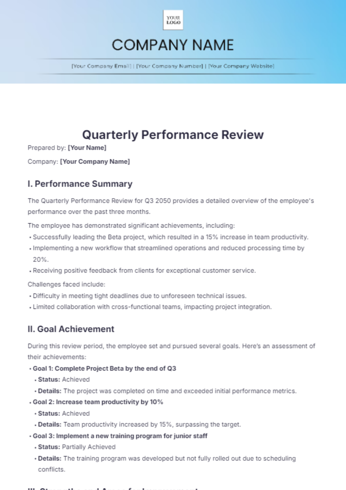 Quarterly Performance Review Template - Edit Online & Download