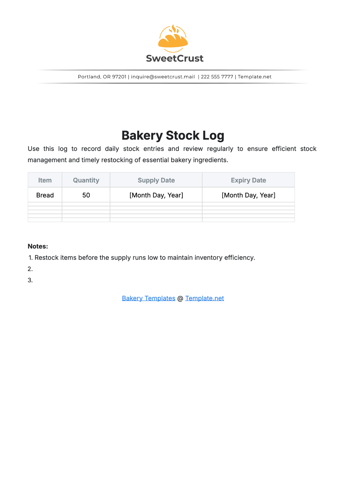 Bakery Stock Log Template - Edit Online & Download