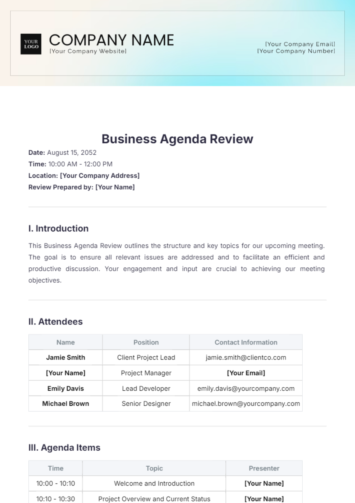 Business Agenda Review Template - Edit Online & Download