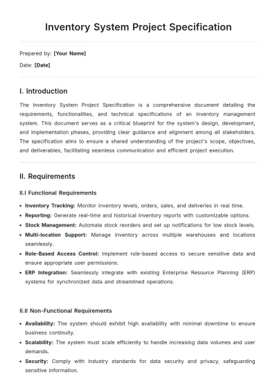 Free Inventory System Project Specification Template to Edit Online