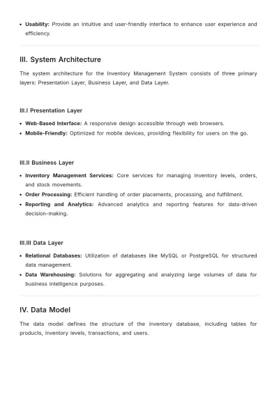 Free Inventory System Project Specification Template to Edit Online