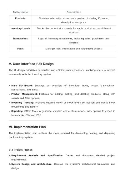 Free Inventory System Project Specification Template to Edit Online