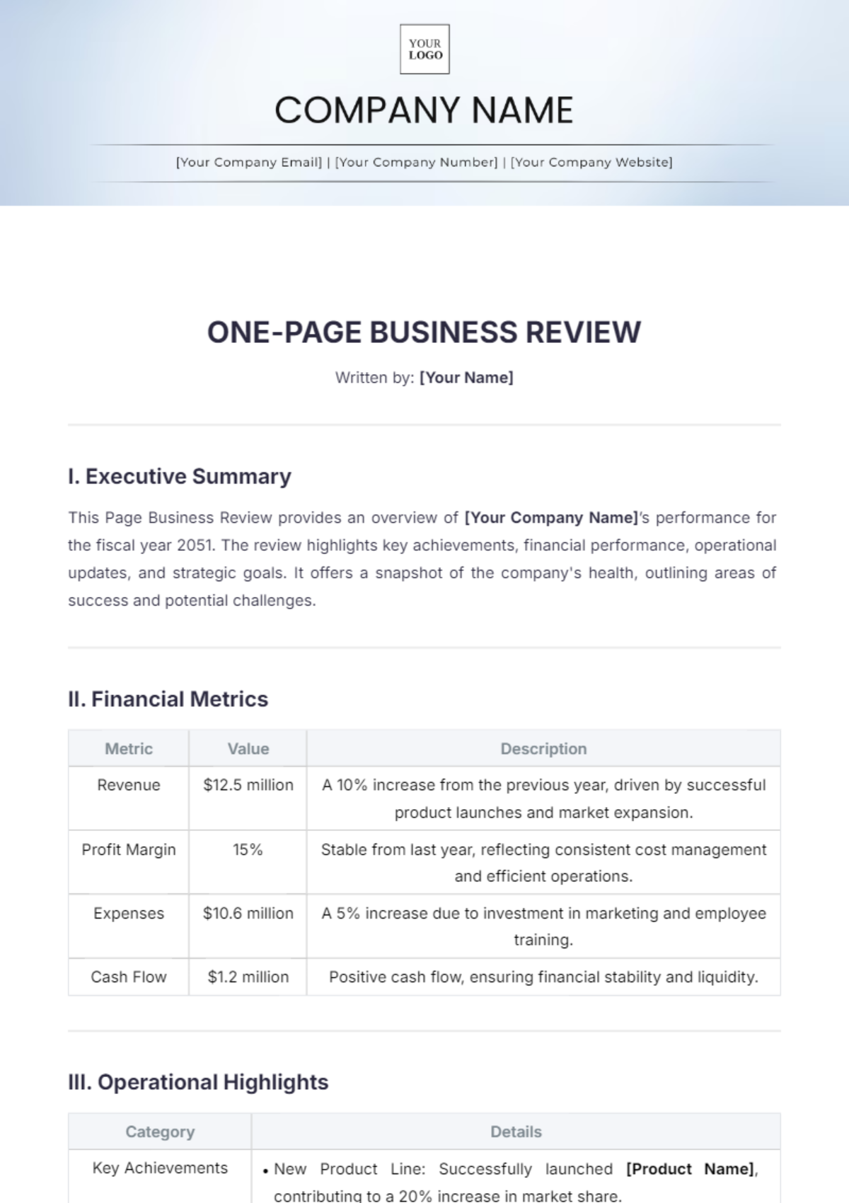 One Page Business Review Template - Edit Online & Download