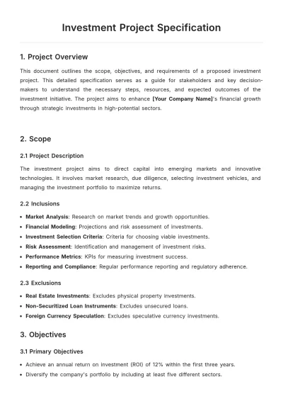 Free Investment Project Specification Template to Edit Online