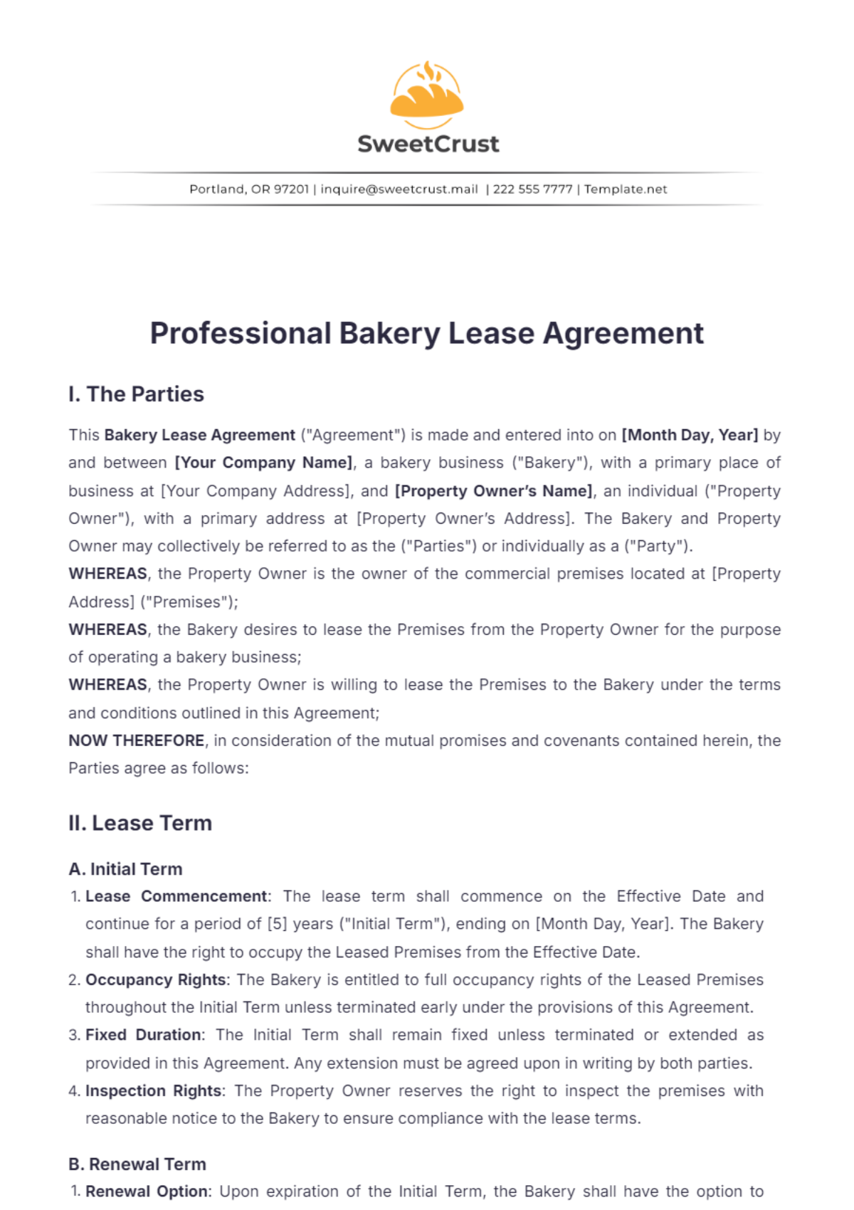 Professional Bakery Lease Agreement Template - Edit Online & Download