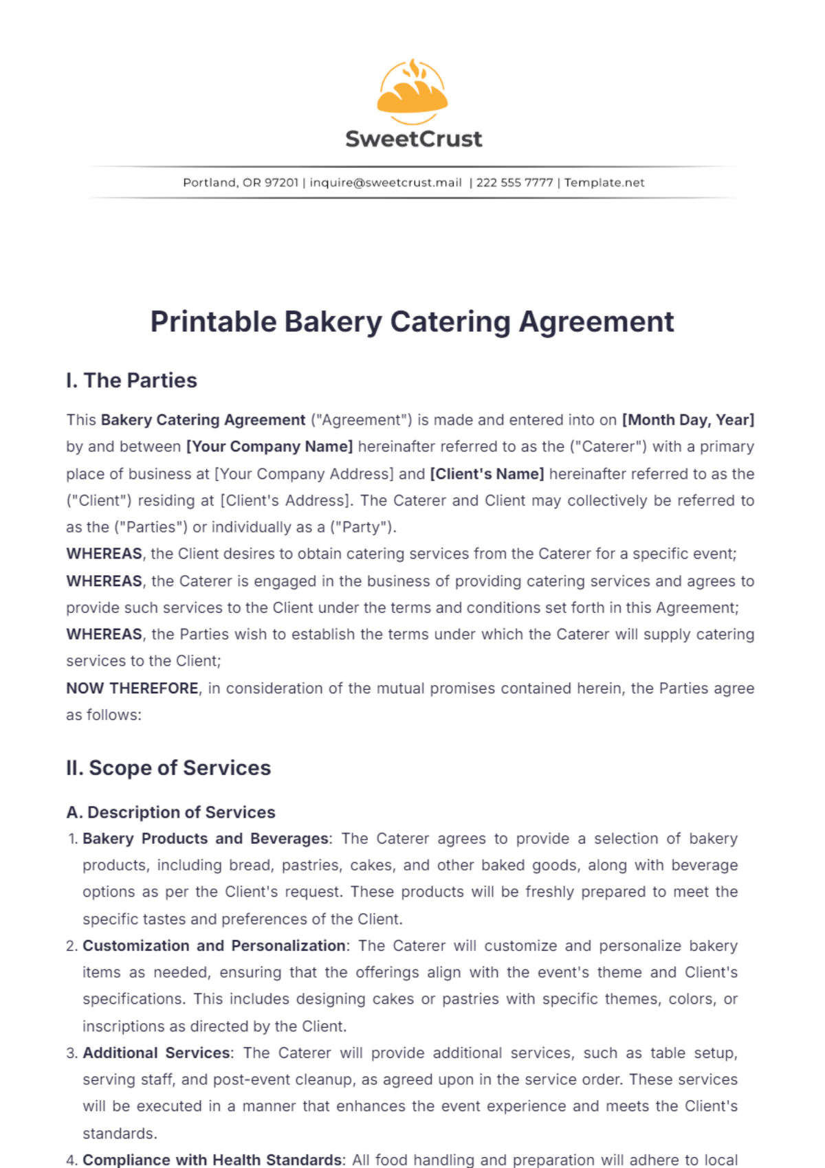 Printable Bakery Catering Agreement Template - Edit Online & Download