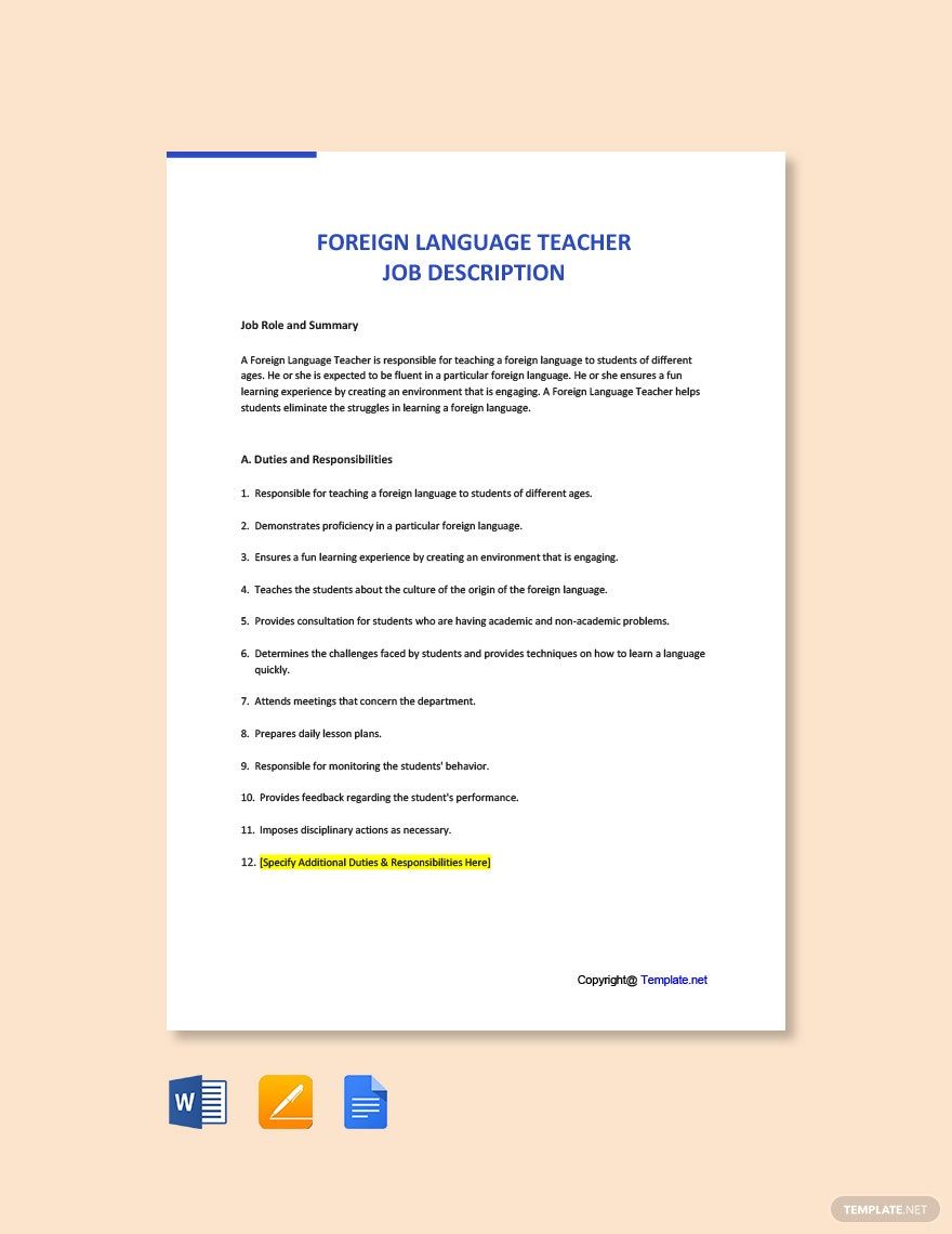 Foreign Language Teacher Job Ad Description Template Google Docs 