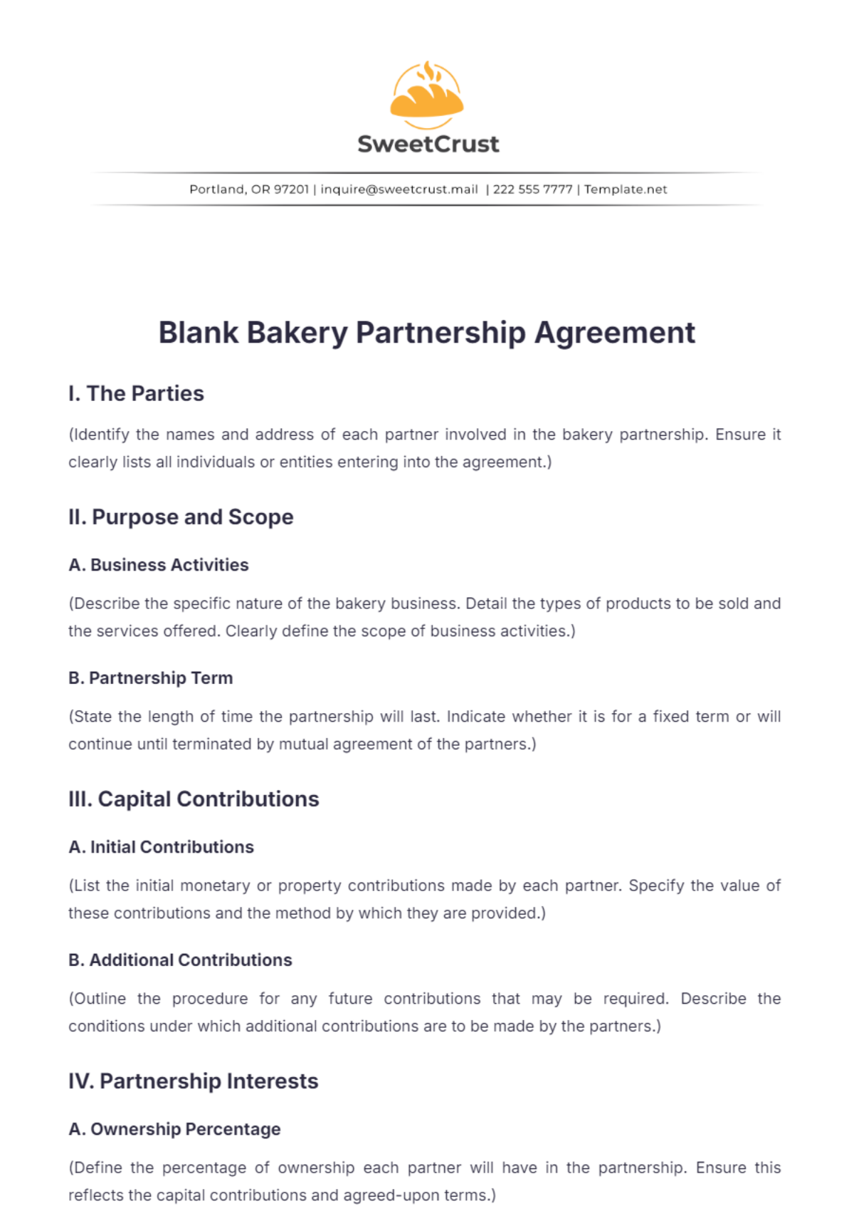 Blank Bakery Partnership Agreement Template - Edit Online & Download