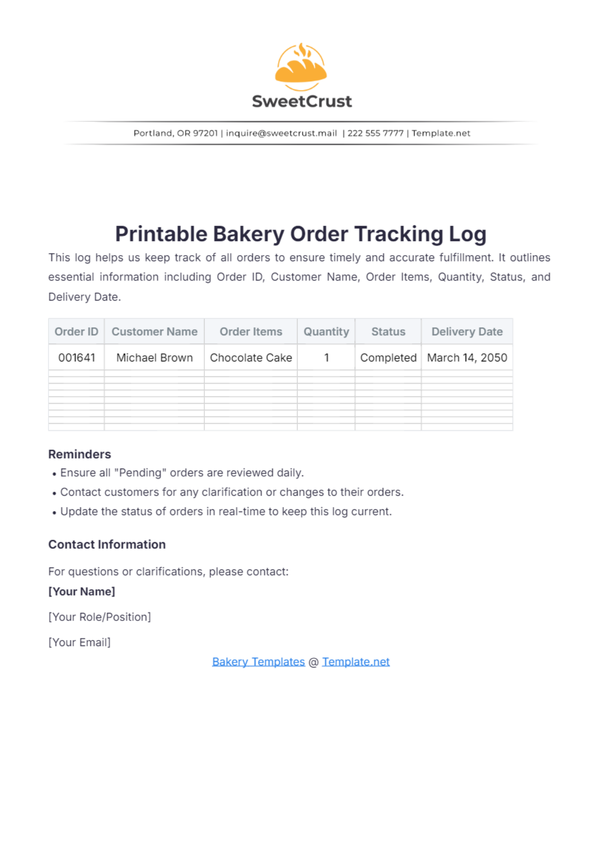 Printable Bakery Order Tracking Log Template - Edit Online & Download